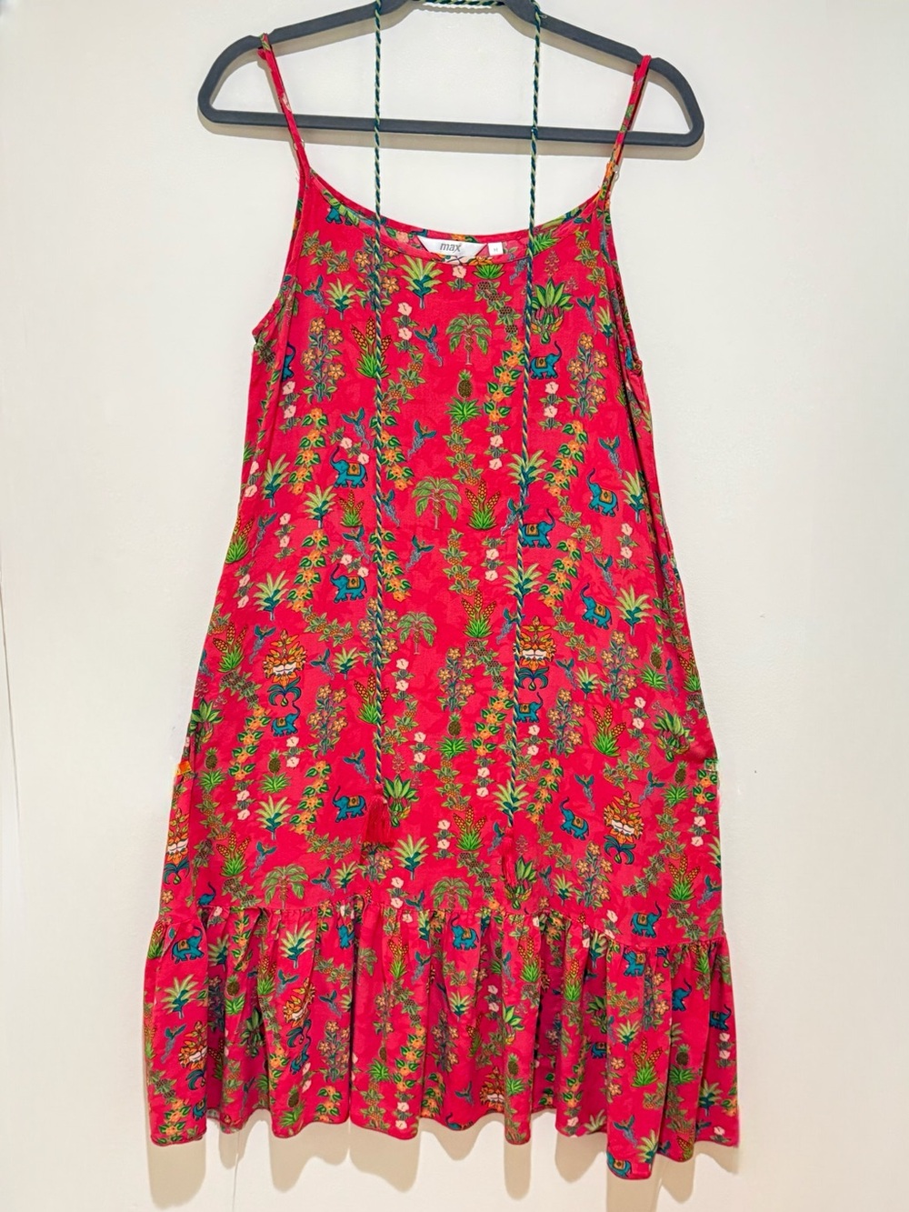 MAX (made in India) Vibrant Red Floral/ animal print Spaghetti Strap Sundress M